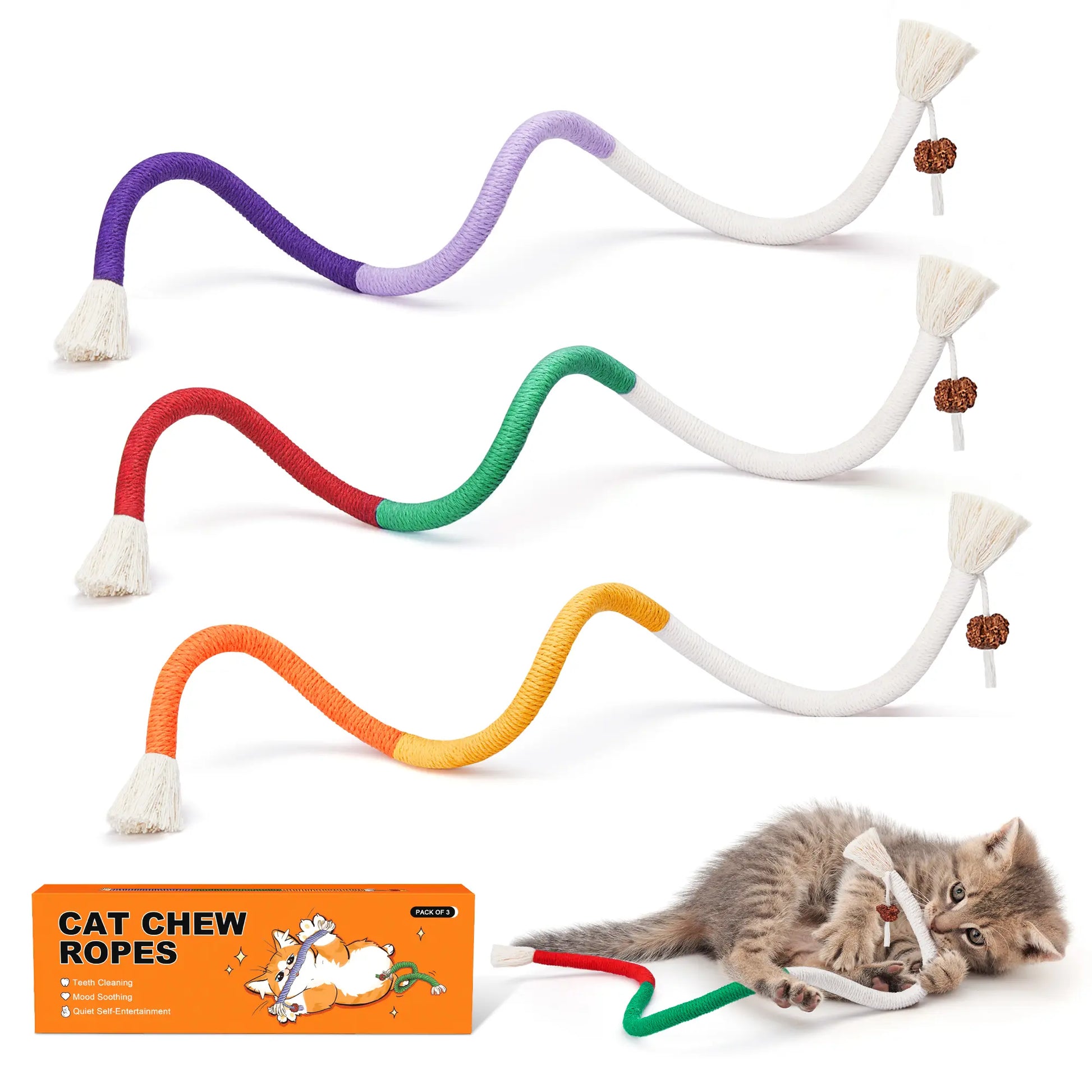Potaroma Cat Toys Chew Ropes 3Pcs, Safe Teeth Cleaning Toy for Indoor Kittens, Calming Interactive Kitty Toys #Summervibes #Petlovers