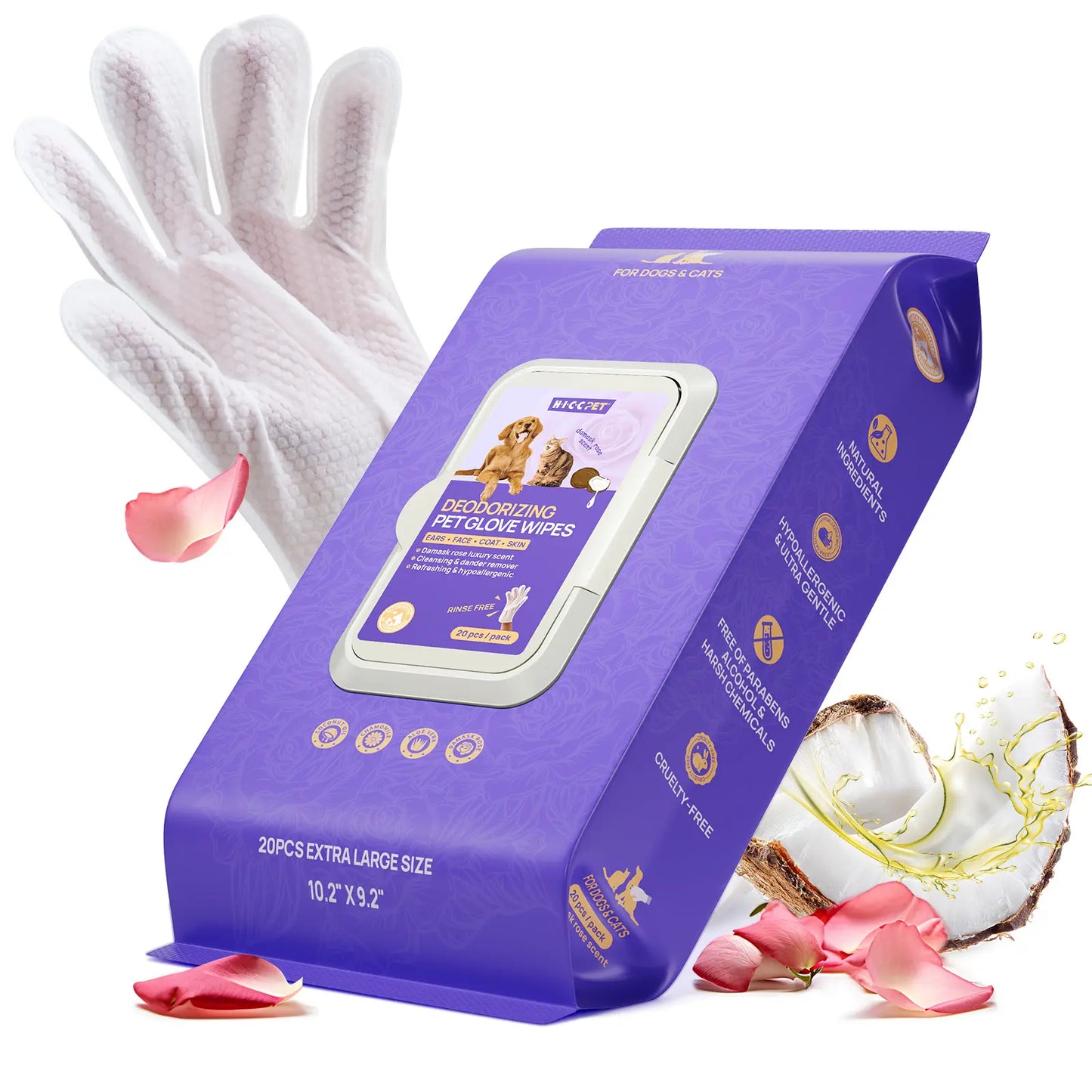 HICC PET Disposable Dog Grooming Wipes (20Pcs) - Natural, Hypoallergenic, No-Rinse Wipes with Fermented Oils for Hair Removal, Sticky Hair Control, Deodorizing, Skin Moisture & Paw Care, Outdoor Use,#Summervibes #Petlover