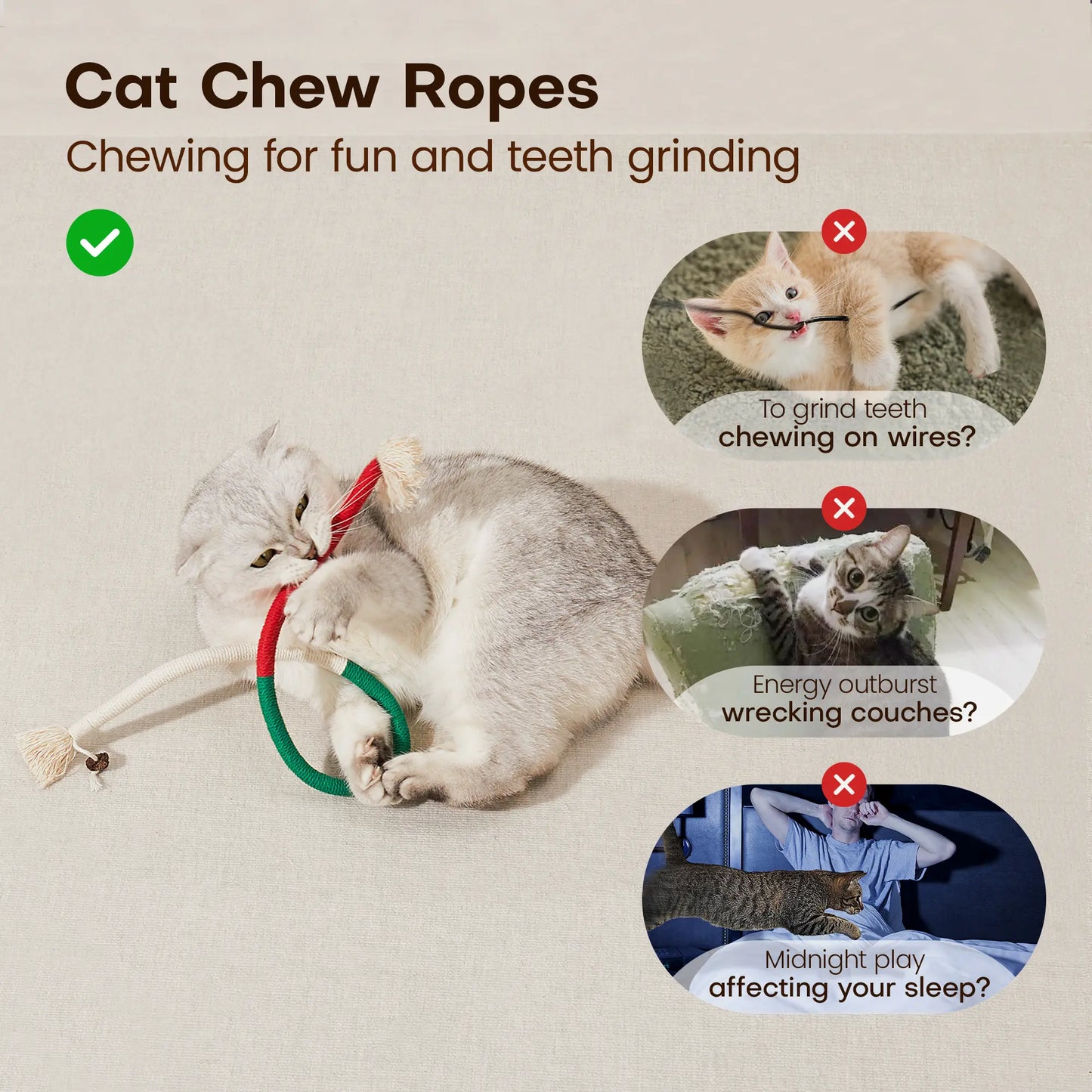 Potaroma Cat Toys Chew Ropes 3Pcs, Safe Teeth Cleaning Toy for Indoor Kittens, Calming Interactive Kitty Toys #Summervibes #Petlovers