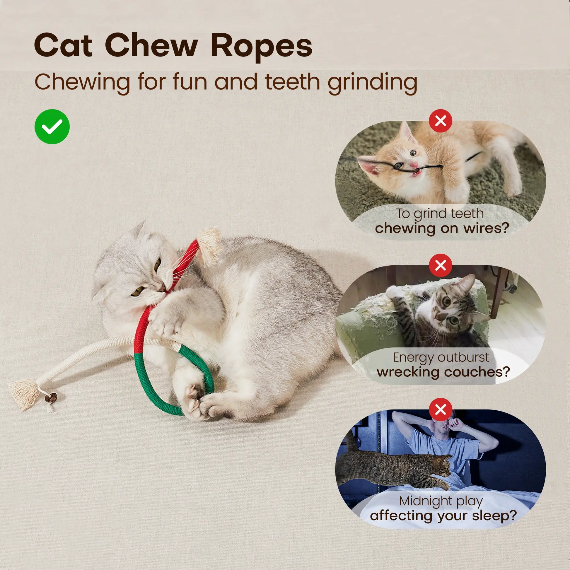 Potaroma Cat Toys Chew Ropes 3Pcs, Safe Teeth Cleaning Toy for Indoor Kittens, Calming Interactive Kitty Toys #Summervibes #Petlovers