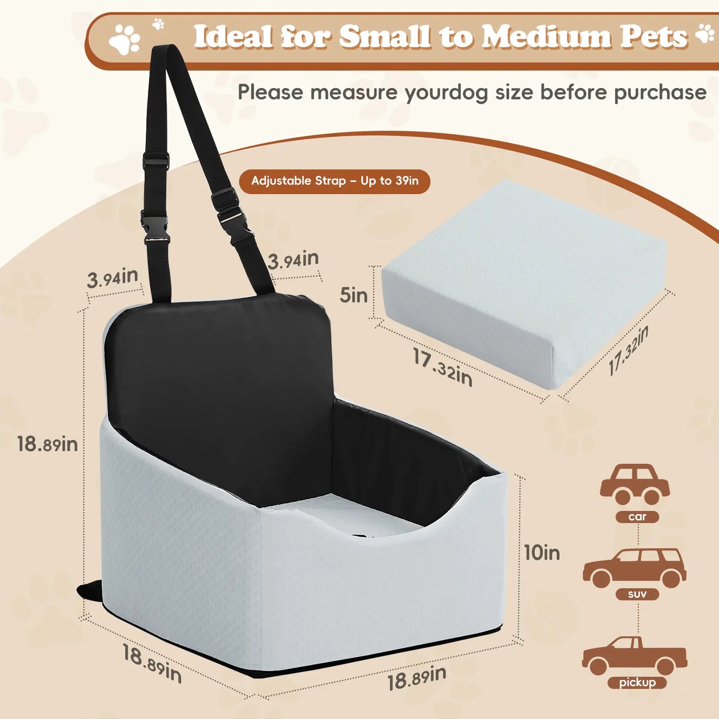 Dog Car Seat - All-Season Enclosed Design with Seat Belt Straps, Non-Slip & Waterproof for Pet Travel
