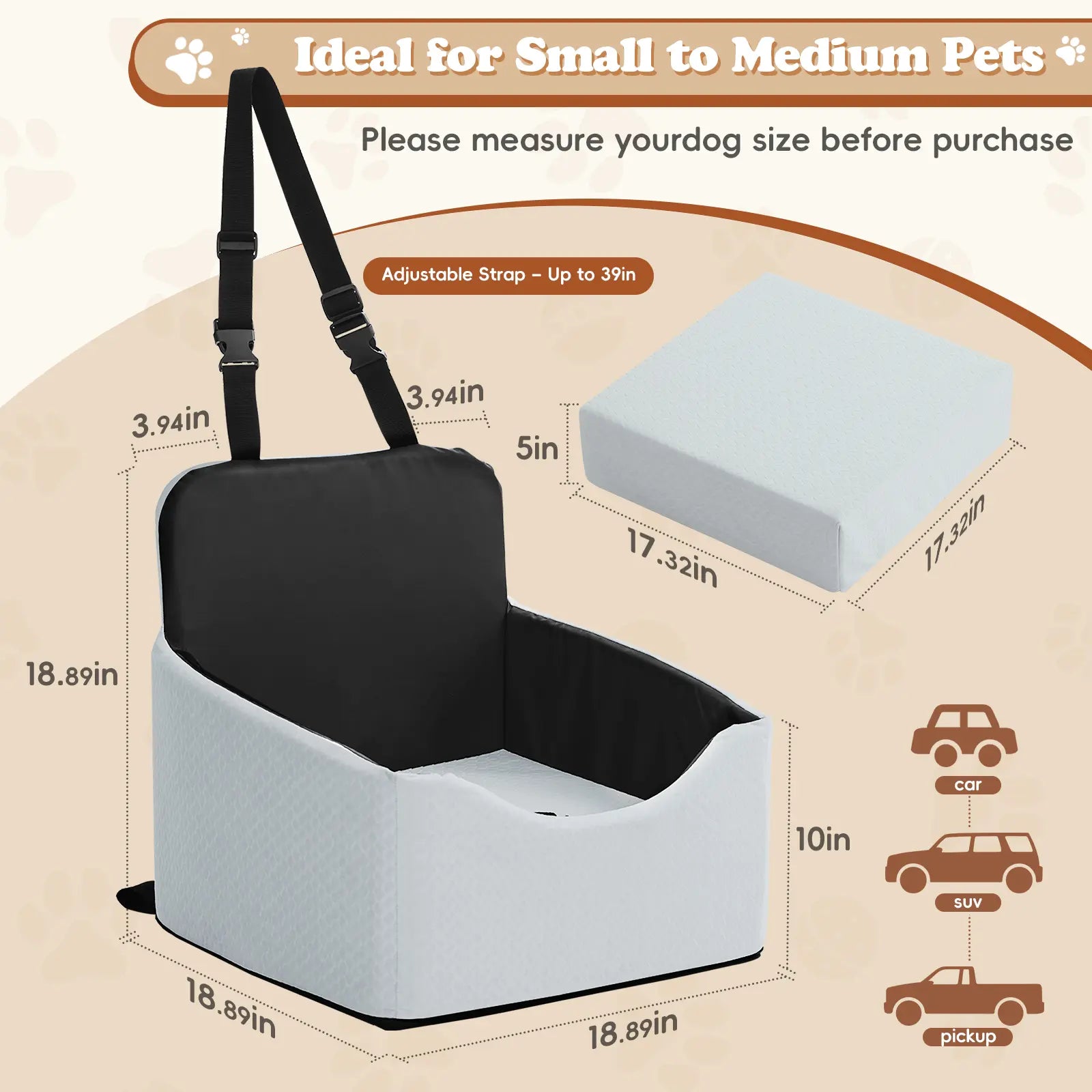 Dog Car Seat - All-Season Enclosed Design with Seat Belt Straps, Non-Slip & Waterproof for Pet Travel