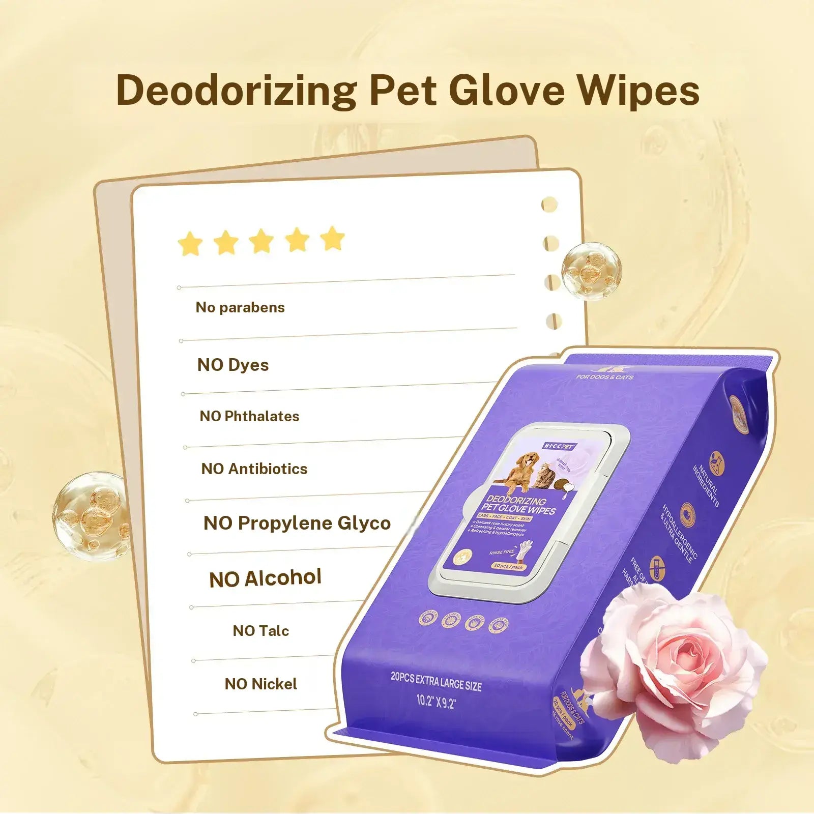 HICC PET Disposable Dog Grooming Wipes (20Pcs) - Natural, Hypoallergenic, No-Rinse Wipes with Fermented Oils for Hair Removal, Sticky Hair Control, Deodorizing, Skin Moisture & Paw Care, Outdoor Use,#Summervibes #Petlover
